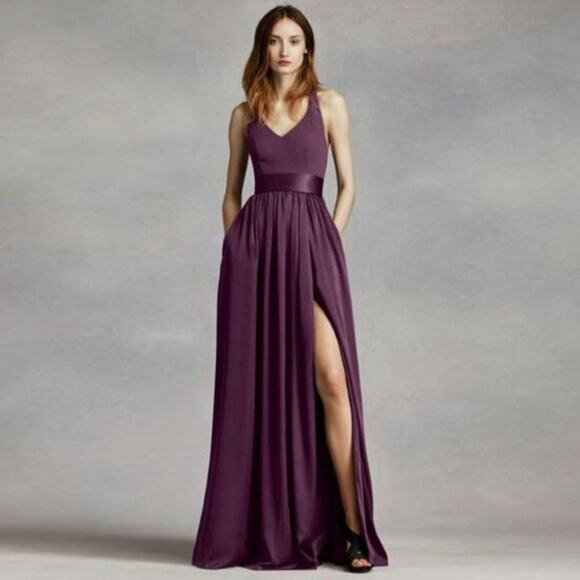 White by Vera Wang Plum Purple Halter Neck Bow Maxi Bridesmaid Prom Dress 2 - Picture 1 of 15